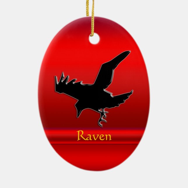 Embossed-look black Raven on red chrome-effect Ceramic Ornament (Back)