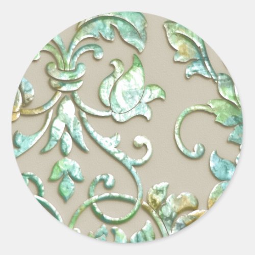 Embossed Look Damask Green Gold Turquoise Classic Round Sticker