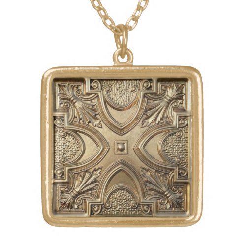 Embossed Look Gold Floral Tile Gold Plated Necklace