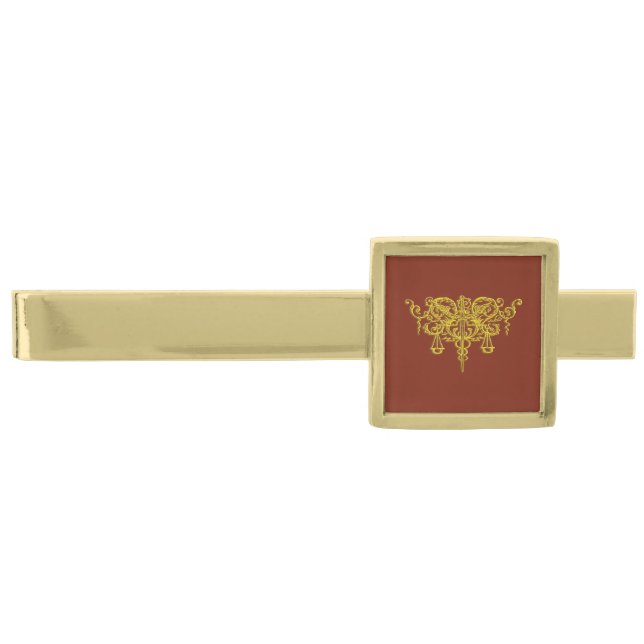 Embossed-look golden scales and sword of justice gold finish tie bar (Front)