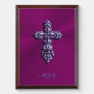 Embossed-look Gothic Cross in Purple with Monogram Award Plaque