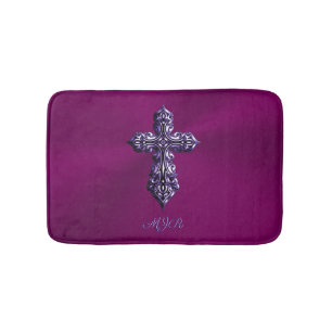 Embossed-look Gothic Cross in Purple with Monogram Bath Mat