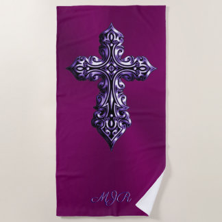 Embossed-look Gothic Cross in Purple with Monogram Beach Towel