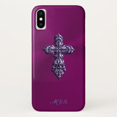 Embossed_look Gothic Cross in Purple with Monogram iPhone X Case