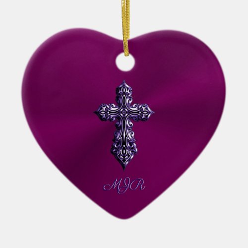 Embossed_look Gothic Cross in Purple with Monogram Ceramic Ornament