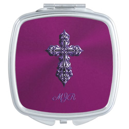 Embossed_look Gothic Cross in Purple with Monogram Compact Mirror