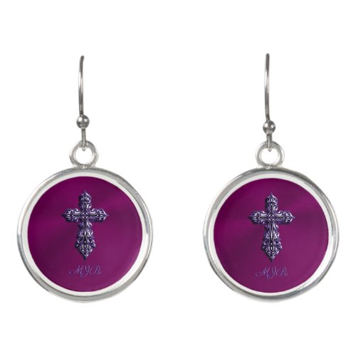 Embossed_look Gothic Cross in Purple with Monogram Earrings