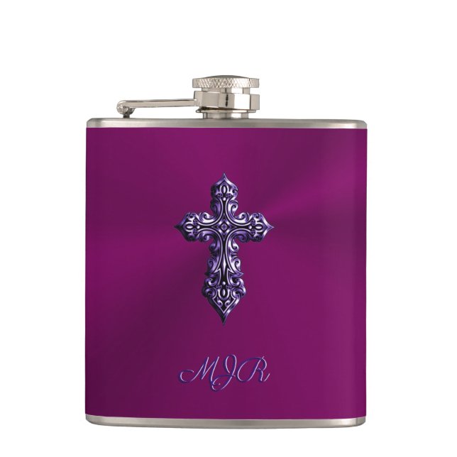 Embossed-look Gothic Cross in Purple with Monogram Flask (Front)