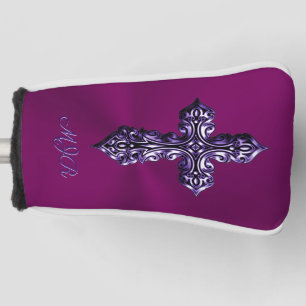 Embossed-look Gothic Cross in Purple with Monogram Golf Head Cover
