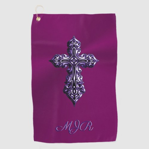 Embossed_look Gothic Cross in Purple with Monogram Golf Towel