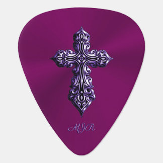 Embossed-look Gothic Cross in Purple with Monogram Guitar Pick