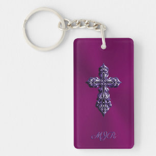 Embossed-look Gothic Cross in Purple with Monogram Keychain