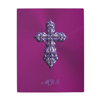 Embossed-look Gothic Cross in Purple with Monogram Metal Print
