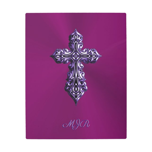 Embossed-look Gothic Cross in Purple with Monogram Metal Print (Front)