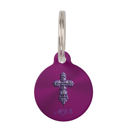 Embossed_look Gothic Cross in Purple with Monogram Pet ID Tag