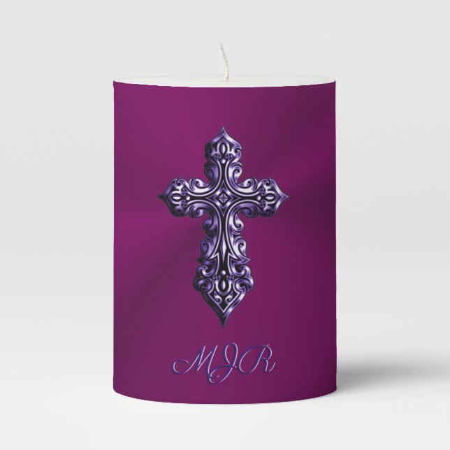 Embossed-look Gothic Cross in Purple with Monogram Pillar Candle (Front)