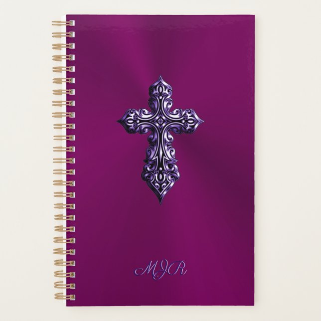 Embossed-look Gothic Cross in Purple with Monogram Planner (Front)