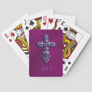 Embossed-look Gothic Cross in Purple with Monogram Poker Cards