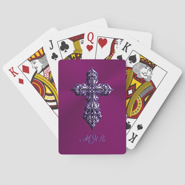 Embossed-look Gothic Cross in Purple with Monogram Poker Cards (Back)