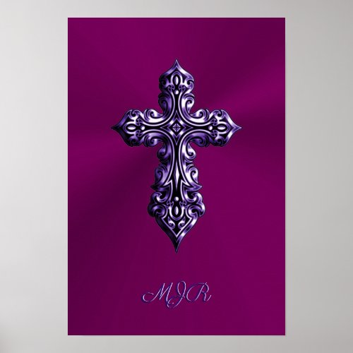 Embossed_look Gothic Cross in Purple with Monogram Poster