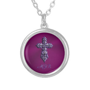 Embossed-look Gothic Cross in Purple with Monogram Silver Plated Necklace