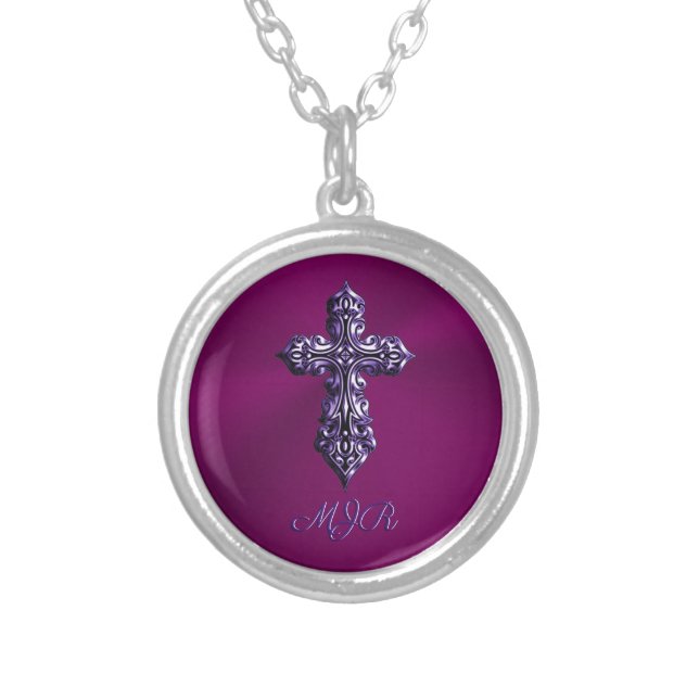 Embossed-look Gothic Cross in Purple with Monogram Silver Plated Necklace (Front)