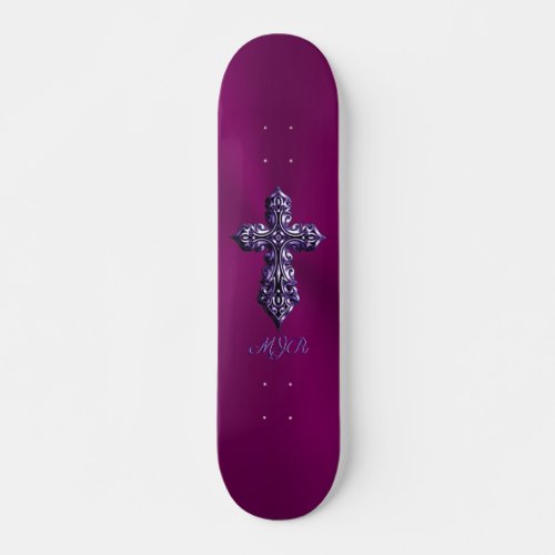 Embossed_look Gothic Cross in Purple with Monogram Skateboard