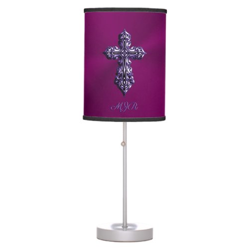 Embossed_look Gothic Cross in Purple with Monogram Table Lamp