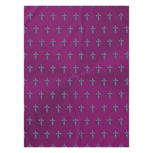 Embossed-look Gothic Cross in Purple with Monogram Tablecloth (Front)