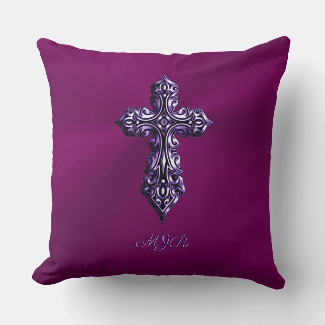 Embossed-look Gothic Cross in Purple with Monogram Throw Pillow (Front)