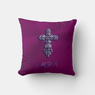 Embossed-look Gothic Cross in Purple with Monogram Throw Pillow