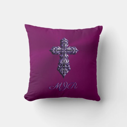 Embossed_look Gothic Cross in Purple with Monogram Throw Pillow