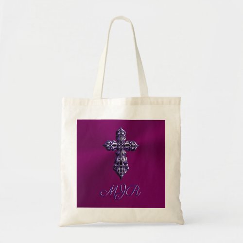 Embossed_look Gothic Cross in Purple with Monogram Tote Bag