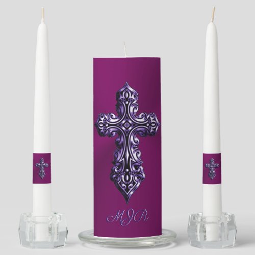 Embossed_look Gothic Cross in Purple with Monogram Unity Candle Set