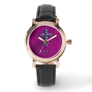 Embossed-look Gothic Cross in Purple with Monogram Watch