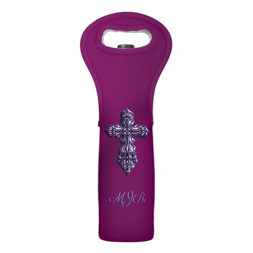 Embossed_look Gothic Cross in Purple with Monogram Wine Bag