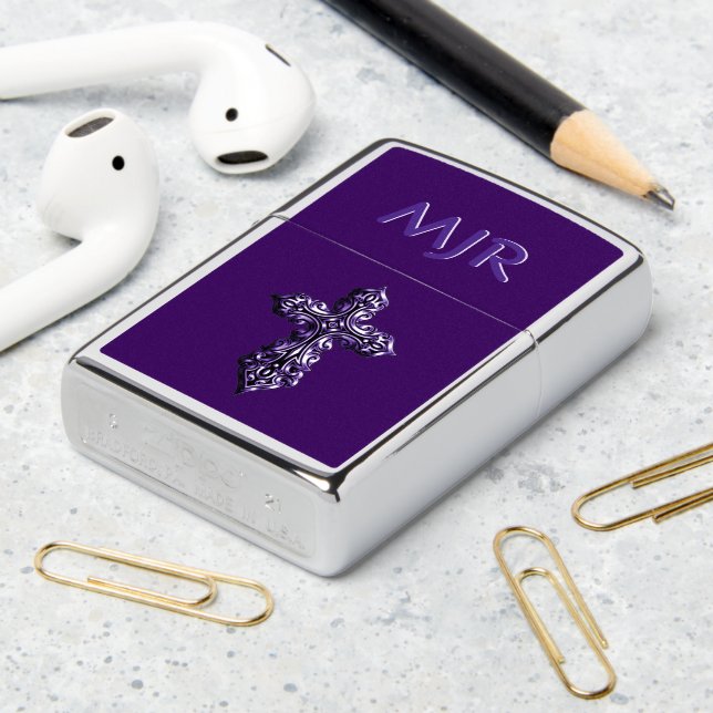Embossed-look Gothic Cross in Purple with Monogram Zippo Lighter (On Table 2)