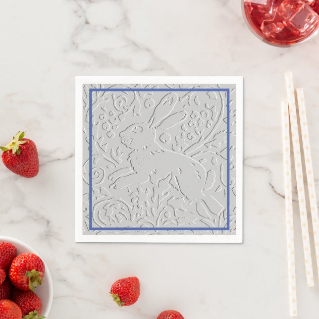 Embossed Look Gray Rabbit Bunny Blue Border Napkins (Insitu)