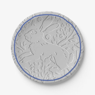 Embossed Look Gray Rabbit Bunny Blue Border Paper Plates