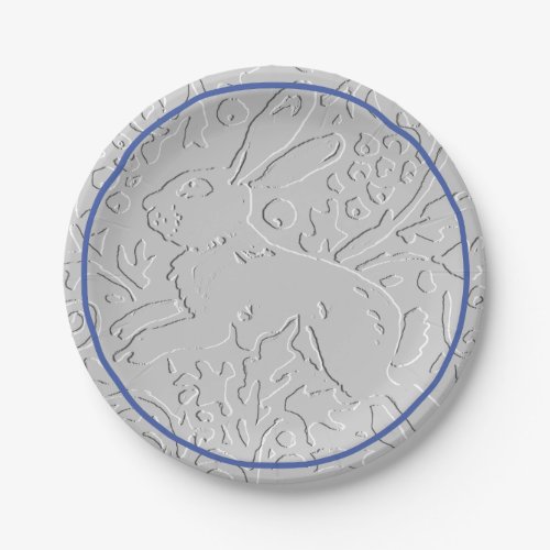 Embossed Look Gray Rabbit Bunny Blue Border Paper Plates