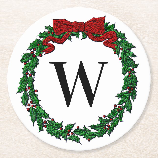 Embossed Look Holly Wreath Monogram Round Paper Coaster (Front)