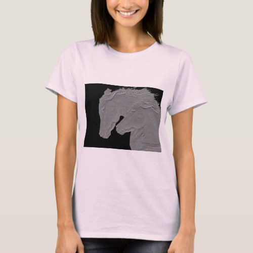 Embossed Look Silver Horses Black Background T_Shirt