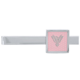 Embossed-look silver rising phoenix on pink silver finish tie bar