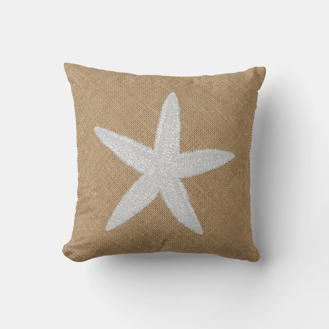 Embossed Look Starfish on Burlap Throw Pillow (Front)