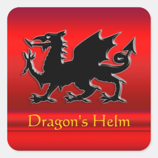 Embossed-looking Black Dragon on red chrome-effect Square Sticker