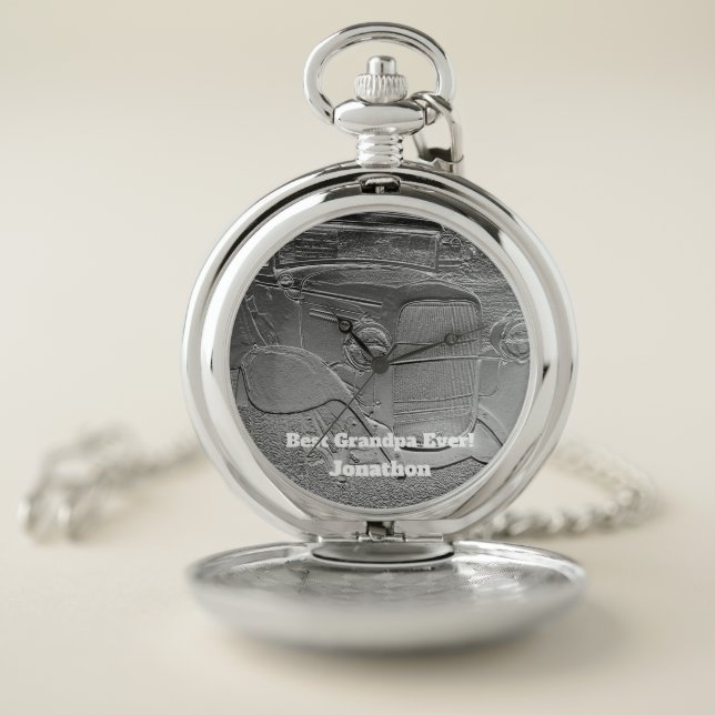 Embossed Metal Look Classic Car Pocket Watch (Inside)