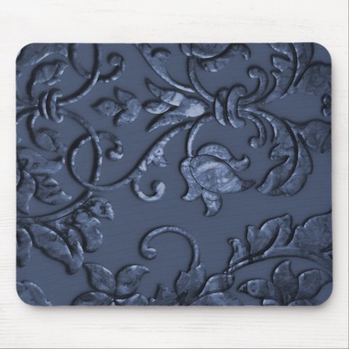 Embossed Metallic Damask Navy Blue Mouse Pad