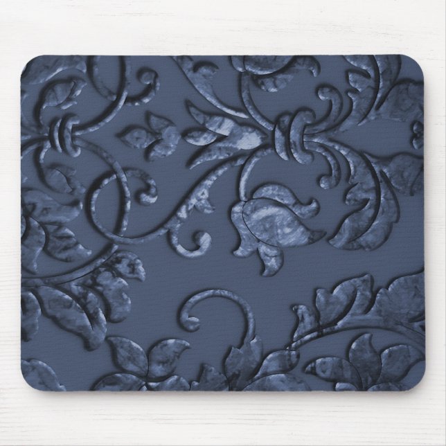 Embossed Metallic Damask Navy Blue Mouse Pad (Front)