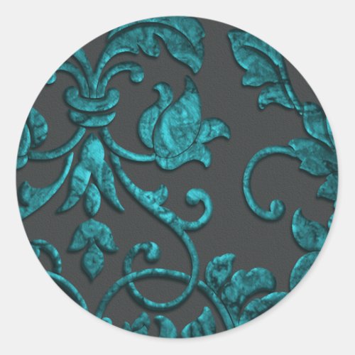 Embossed Metallic Damask Teal Classic Round Sticker