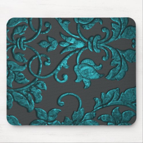 Embossed Metallic Damask Teal Mouse Pad